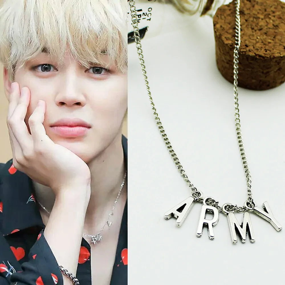 

Fashion KPOP BTS Jimin ARMY NecklaceBangtan Boys A.R.M.Y Pendant Silver Metal Necklace Jewelry