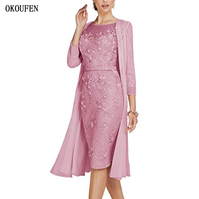 

OKOUFEN Lace Short Mother Of The Bride Dresses Suit for Wedding 2019 With Short Jacket Modest Mother's Kurti vestido de madrinha
