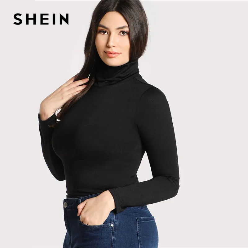 SHEIN Топ С Длинным Рукавом И Воротником Стойкой Стильная Однотонная