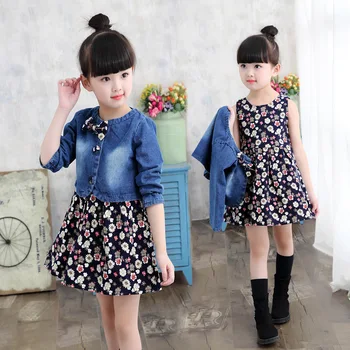 

New Girls Clothing Autumn New Suit Children Sets Fashion Denim Jacket + Floral Dress Two Piece