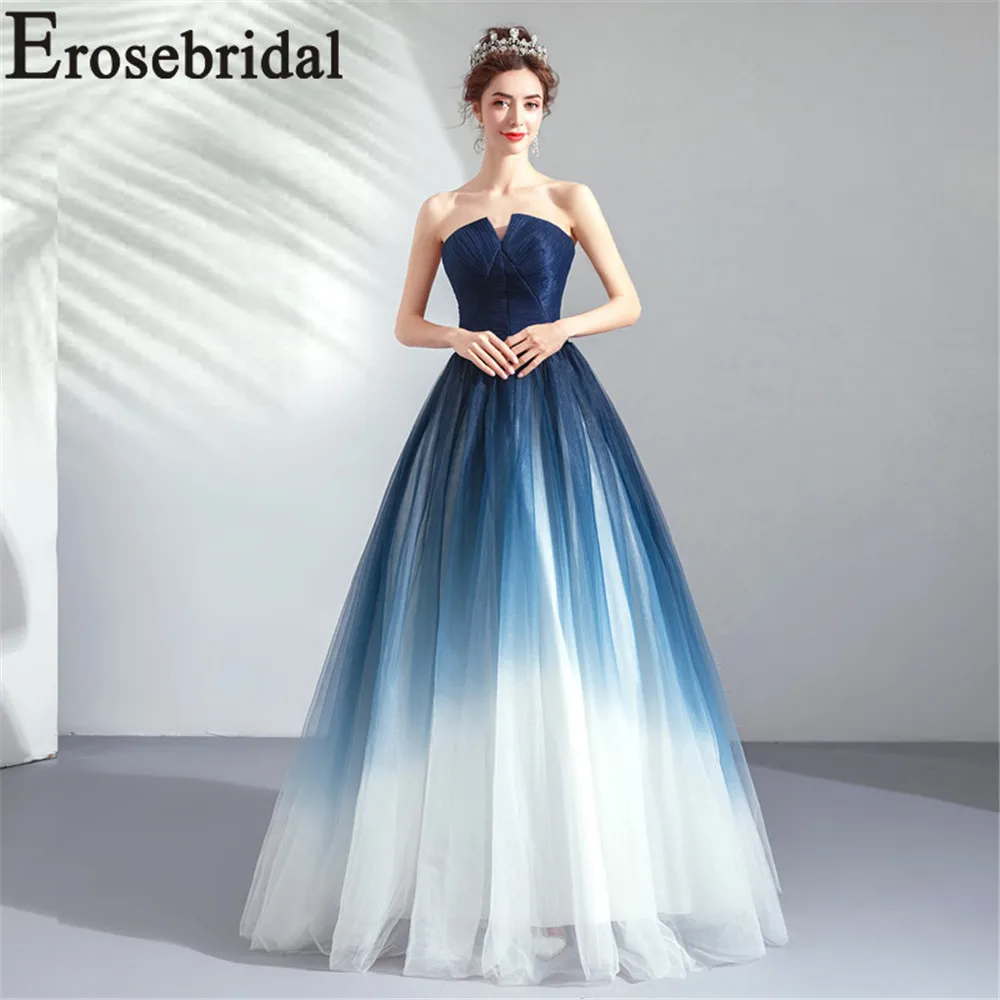 Erosebridal 2019 Contrast Color Blue White Evening Dress Long Elegant Formal Women Party Prom Gown with Lace Up Back Pleat Body