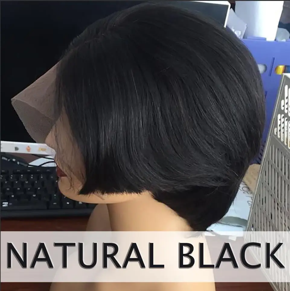 Парики из натуральных волос на кружеве Pixie Cut style для женщин, черный, Омбре, Remy, бразильский короткий Боб, прямой передний парик с челкой JK - Цвет: Естественный цвет