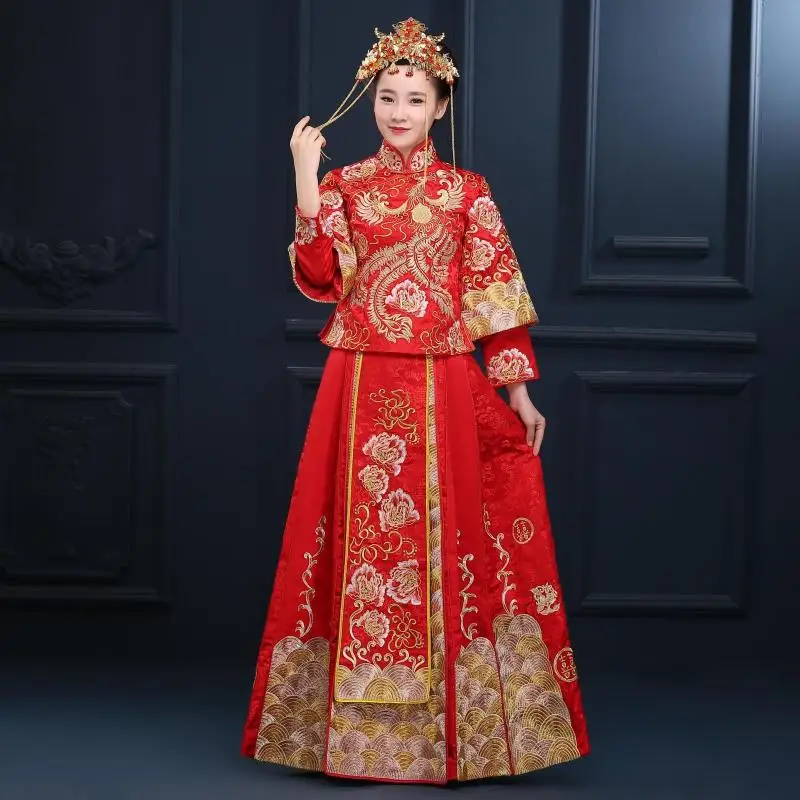 Китай Винтаж cheongsam невесты свадебное платье Дракон платье костюм кимоно наряд красный китайский стиль вечернее платье show Одежда