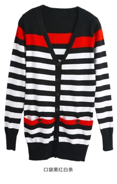 Новая мода женский весенний осенний тонкий свитер кардиган с v-образным вырезом средней длины полосатый кардиган женская вязаная верхняя одежда для женщин