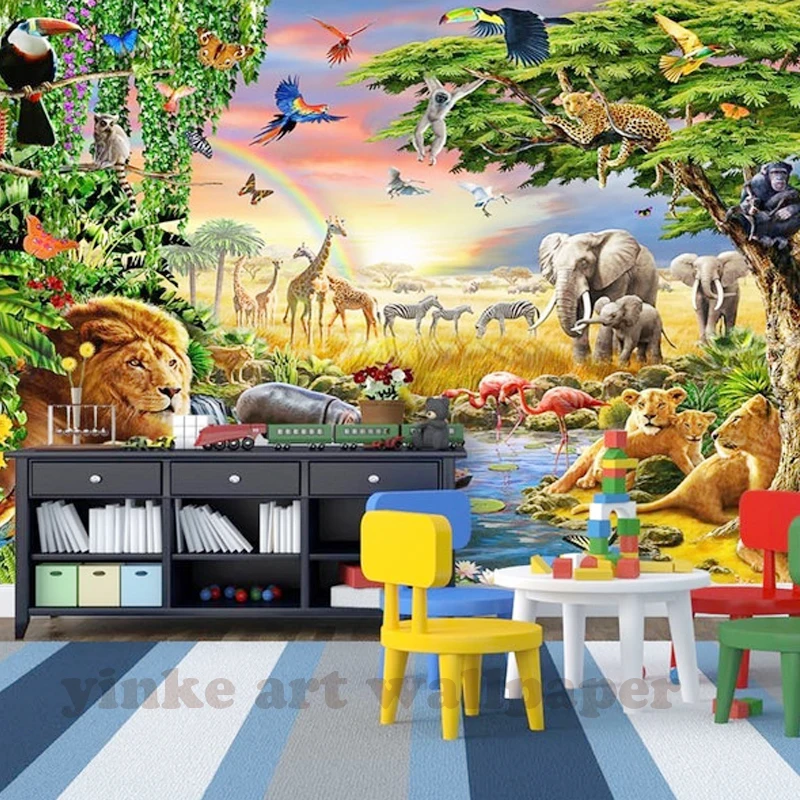 Children's Room Cartoon Background Custom 3D Photo wall mural seven  colorful grassland animal lion Wallpaper For Kids Room live