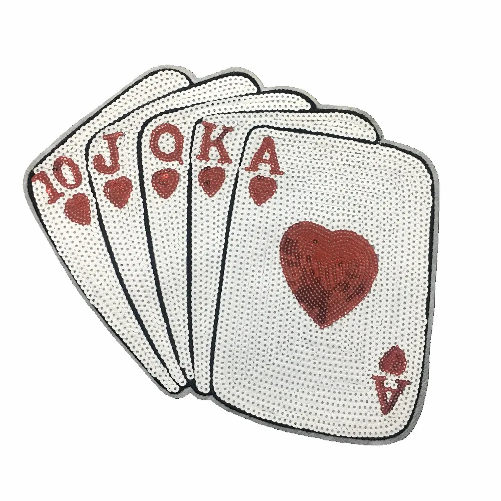 

2PCS Sequined Poker Playing Card Hand Gambling Sequins Patches Iron on Clothes Applique 24 x 20 cm DIY Sequined T-shirt Stickers