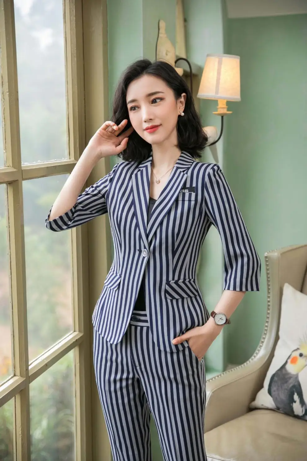 IZICFLY Spring Summer Khaki Striped Suits for Women Pants and Blazer Slim Business Completo Donna Elegante Office Wear Big Size IZICFLY Spring Summer Khaki Striped Suits for Women Pants and Blazer Slim Business Completo Donna Elegante Office Wear Big Size