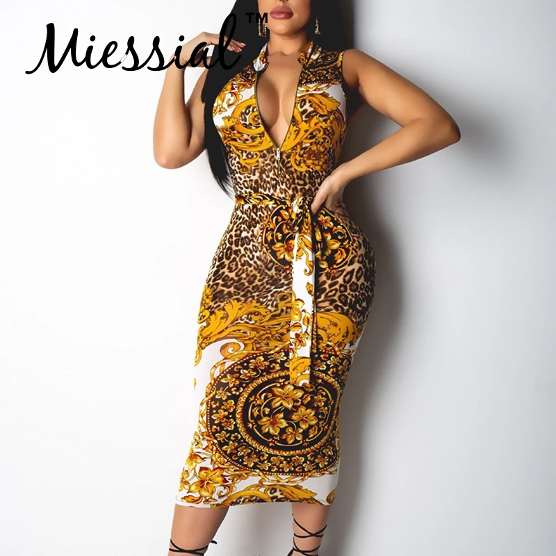 

Miessial Sexy paisely print knitted dress Women autumn elegant midi dress Party club sleeveless bodycon deep v winter dress 2019