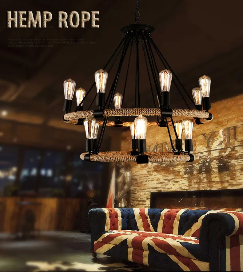 American country Style Wrought Retro Iron Hemp rope Pendant Light round shape iron hanging lamps Suspension for Cafe restaurant