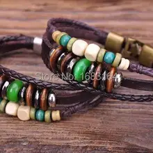 G57 2 шт. Мода Green Wood& камень Бусины кожаный браслет манжеты Для Мужчин's