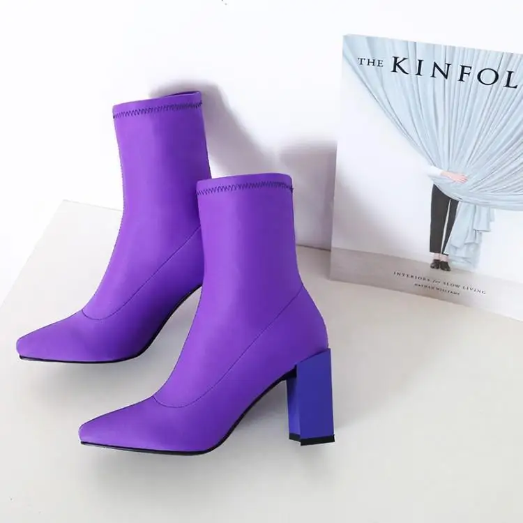 

Fashion Runway Ankle Boots For Women Purple Black Stretch Fabric Ladies Booties Slip On High Square Heel Winter Shoes Woman