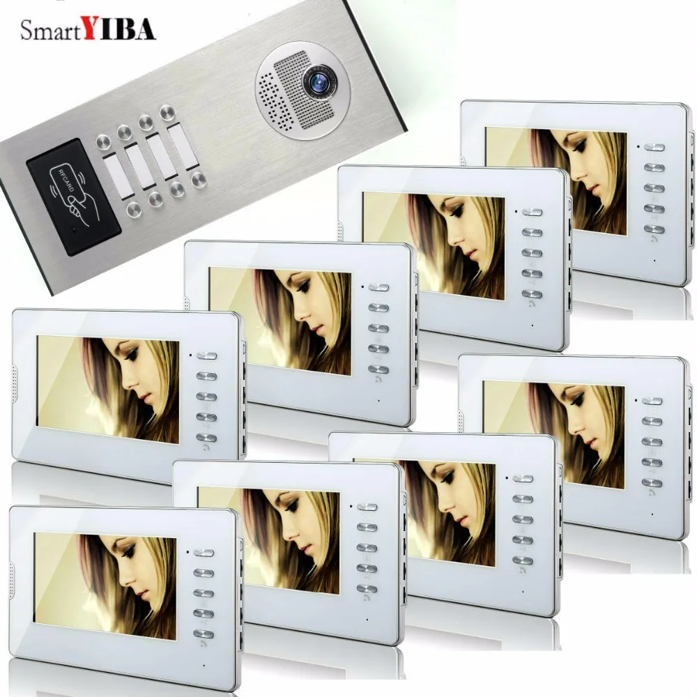 

SmartYIBA 8 Unit Apartment Video Door Phone Kit With 7inch Color Monitor Rainproof IR Camera With RFID Keyfobs