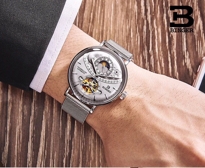BINGER автоматические механические для мужчин часы Швейцария для мужчин Элитный бренд Сапфир часы Relogio Masculino водонепроница для мужчин часы