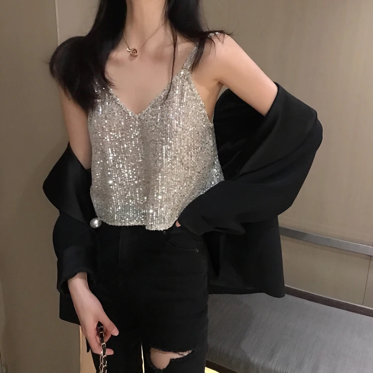 

Summer New Retro Sequins Small Suspenders Flashing Outside Wearing A Slim Fashionable Vest