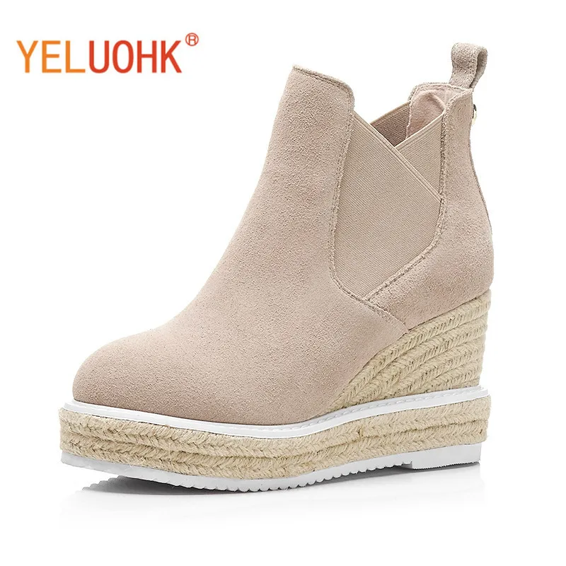 

Natural Suede Ankle Boots For Women Wedges Spring Autumn Boots Women High Quality High Heel Women Boots