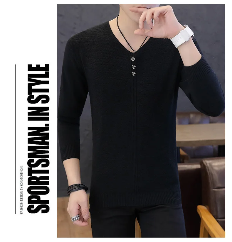 2018 черный свитер мужчин свитер в Корейском стиле Модные мужские свитер V воротник slim line Повседневный свитер