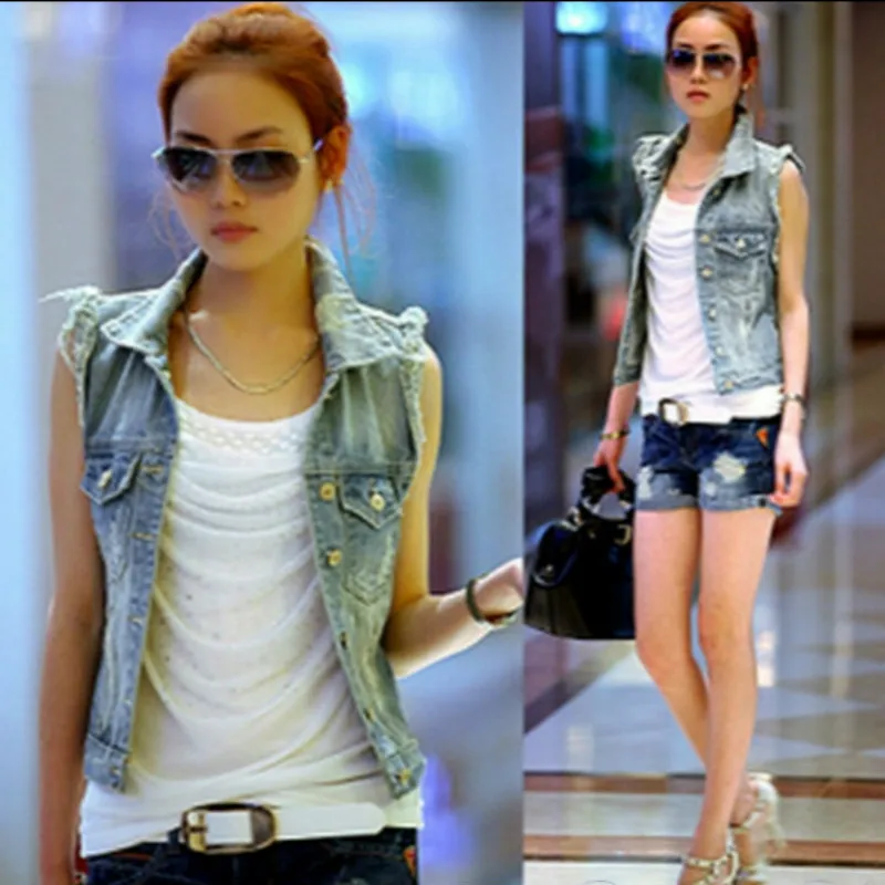

2019 Women's Retro Washed Sleeveless Personalized Cardigan Jeans Denim Vest Waistcoat Coat Jacket S,M,L