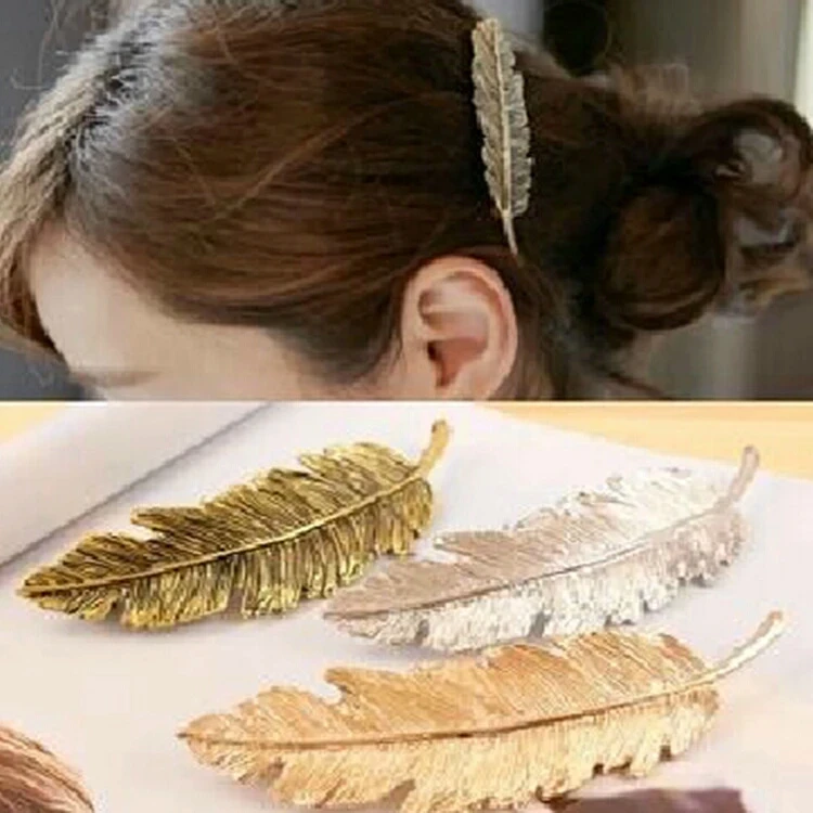 New 2PCS Fashion Metal Leaf Shape Hair Clip Barrettes Crystal Pearl Hairpin Barrette Color Feather Hair Claws Hair Styling Tool