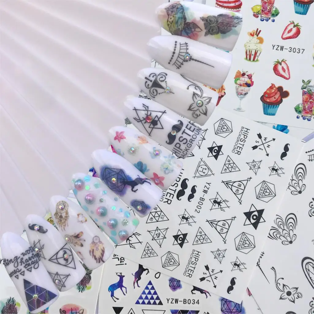 

WUF 10 Sheets Water Decal Nail art Nail Sticker Slider Cake Negative Space Elk Flower Colorful Tip DIY Nail Decals Decoration