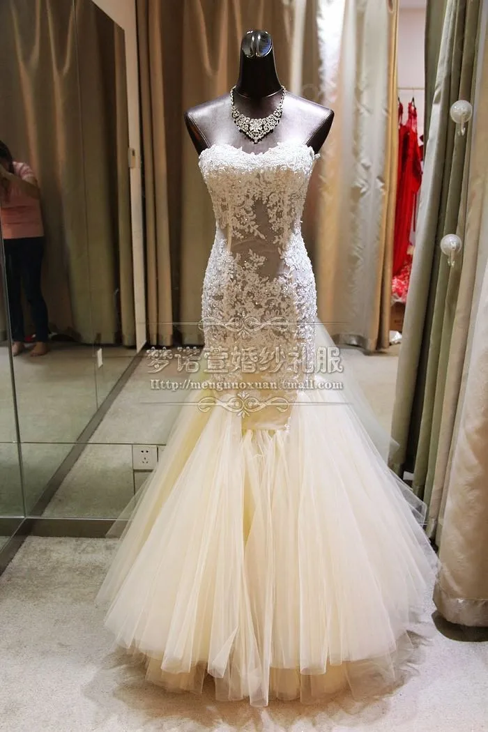 

Free Shipping Real Sample See Through Corset Lace Beads With Long Train Mermaid Wedding Dresses Bridal Gowns Organza VC-73