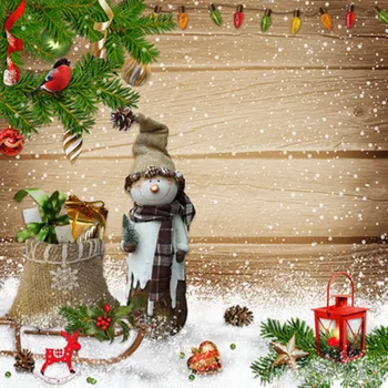 

Winter Snowman with Hat Scarf Xmas Accessories on Snow Floor Pine Tree Branch Wood Wall Christmas Backdrops Studio Background