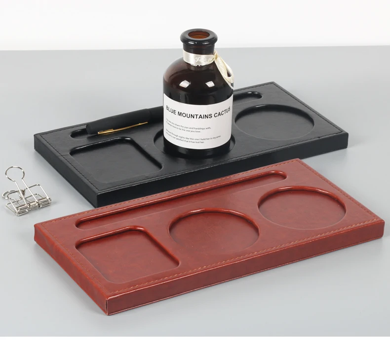 

Customizable 3-Slot Wood PU Leather Conference Meeting Cup Holder Pad Mat with Pen Fillister Holder