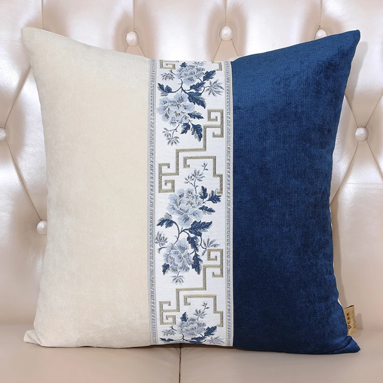 

Embroidery White and Blue flower and geometry Pillowcase New Chinese style Home Living Room Comfortable 50x50 cm cushion cover