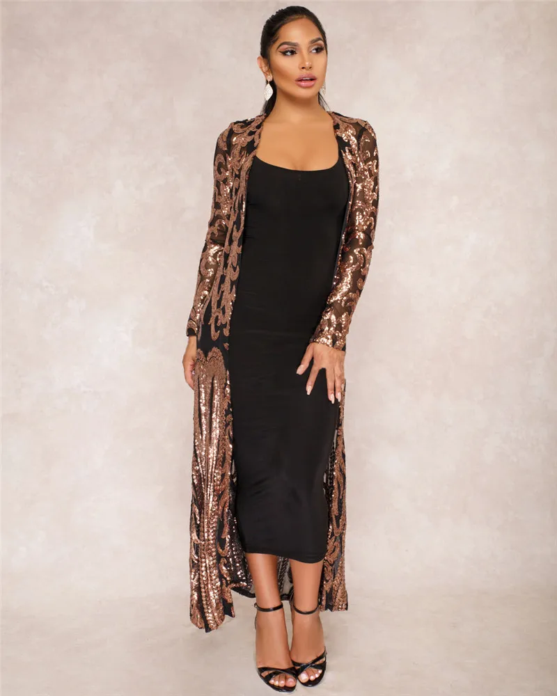 ANJAMANOR, длинный рукав, вышитый блестками Топ, кимоно, Женские топы и блузки, новинка, модное пальто, Длинная женская блузка, D35-BA-50 - Цвет: Черный