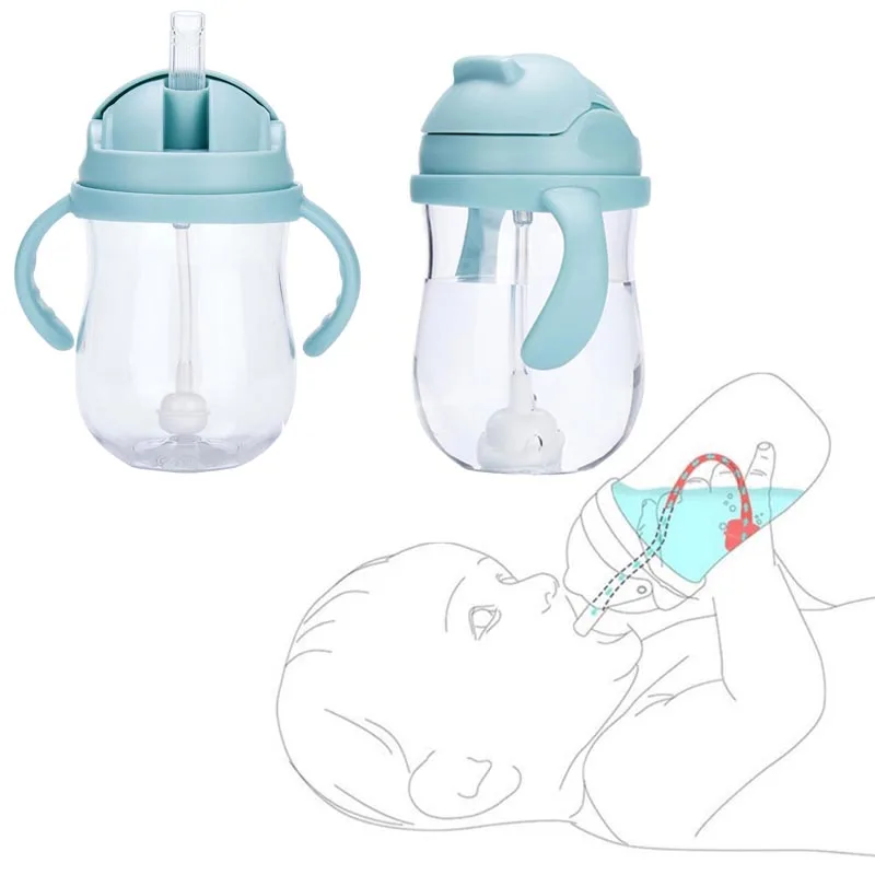

360 Degrees Lying Baby Learning Drinking Bottle With Double Handle Flip Lid Leakproof Infants Water Cups Training Bottle 300ml