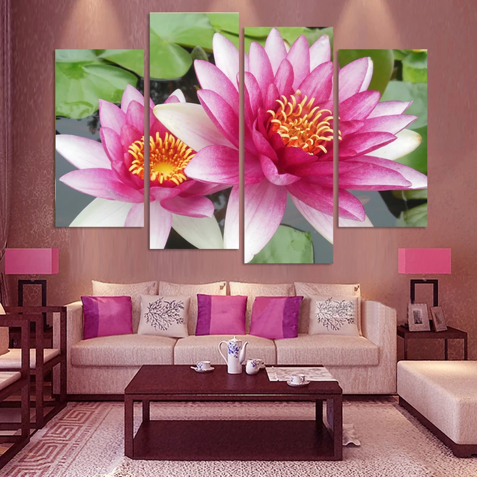 4 Panel Wall Art Pictures Botanical Red Feng Shui Pink Lotus Oil 4 Panel Wall Art Pictures Botanical Red Feng Shui Pink Lotus Oil
