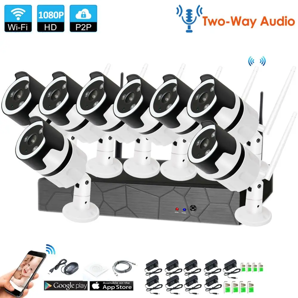 

1080P 8CH Wireless NVR CCTV System audio wifi 2.0MP indoor Outdoor Bullet IP Camera Waterproof Security Video Surveillance Kit