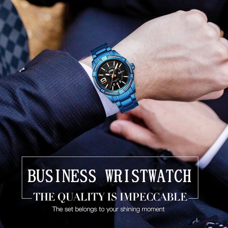 Mens Watches Luxury Fashion Calendar Sports Male Clock Gold Blue Stainless Steel Military Army Watch Waterproof Quartz Clock