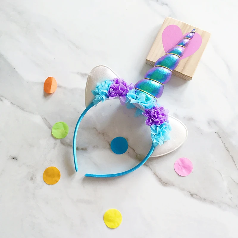 

Girls Chiffon Flowers Hairband Glitter Metallic Unicorn Headband for Kids Leaf Flower Unicorn Horn Party Hair Accessories