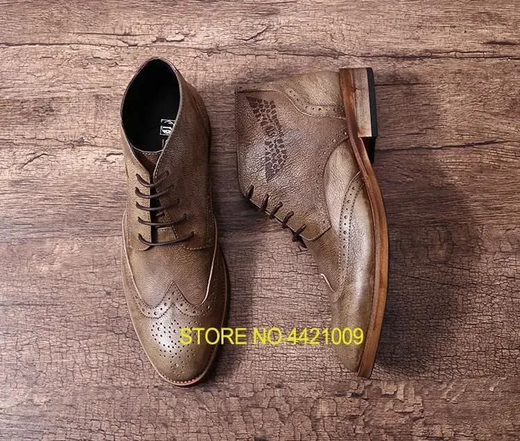 

New Arrival Men's Martin Boots Pointed Toes Genuine Leather Carved Brogue Lace Up Flats High Top Casual Shoes Dress Ankle Boots