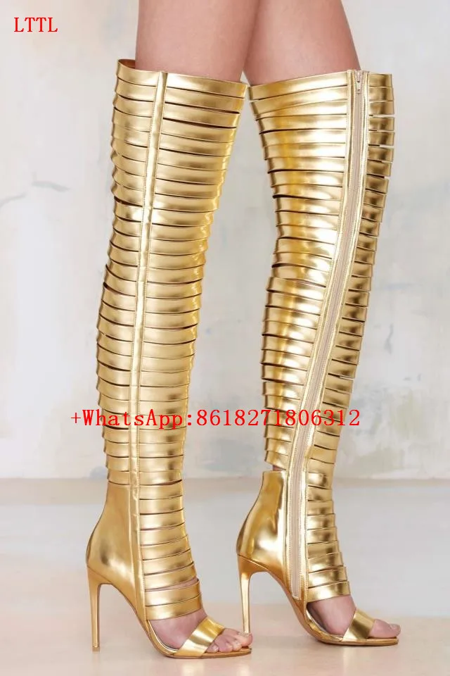 

Chaussure Femme Metallic Golden Sandals Open Toe Gladiator Cut Out Boot Sandal High Heeled Thigh High Boots Summer Botas Mujer