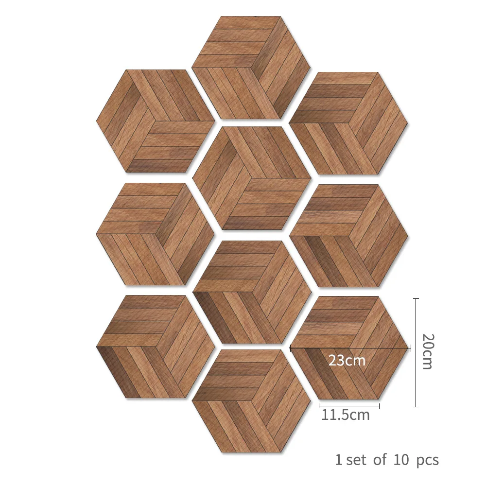 10Pcs/Set DIY Hexagon Wood Grain Wall Stickers Creative Waterproof PVC Removable Tiles Non-slip Wall Sticker Kitchen Bathroom - Цвет: I