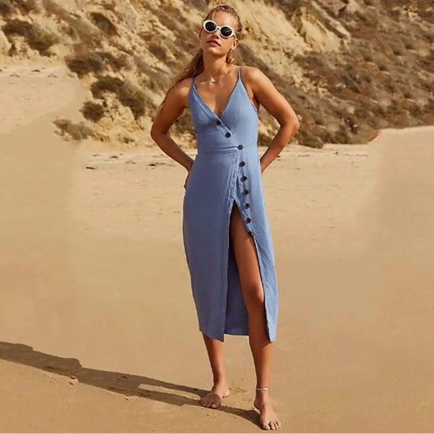 

Women Dress Boho Sexy V Neck Solid Spaghetti Strap Beach Party Long Maxi Dress Summer Sundress Vestidos Femininos Robe
