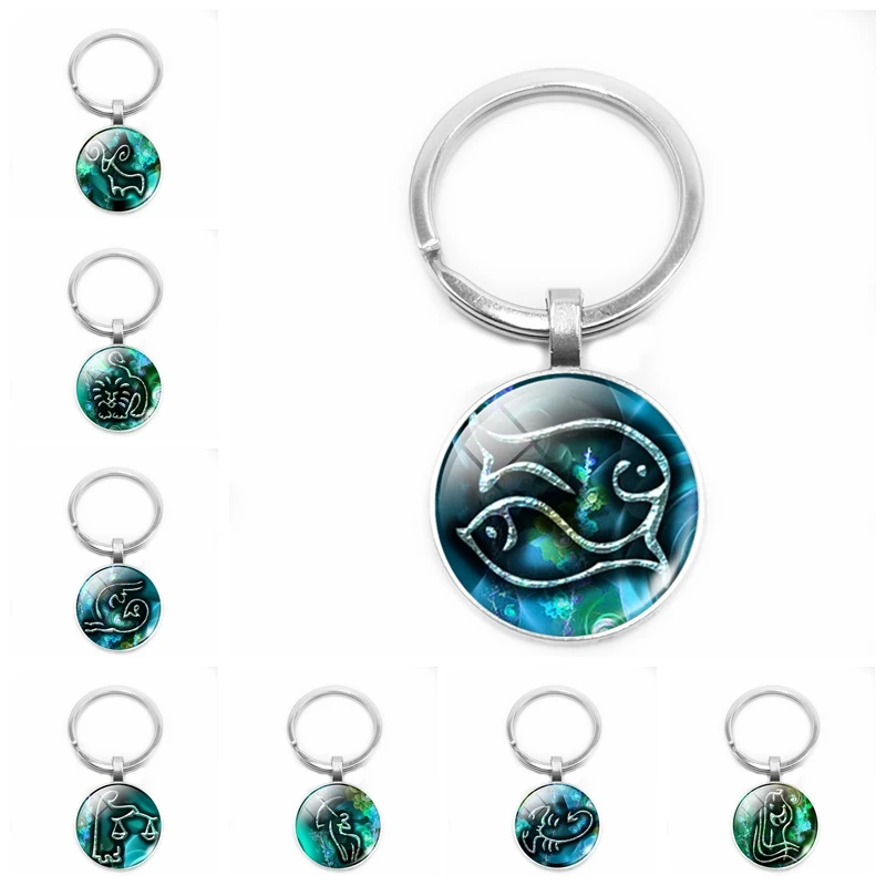 

Heat! New Fashion Retro Green 12 Constellation Keychain Classic Men and Women Charm Jewelry Key Ring