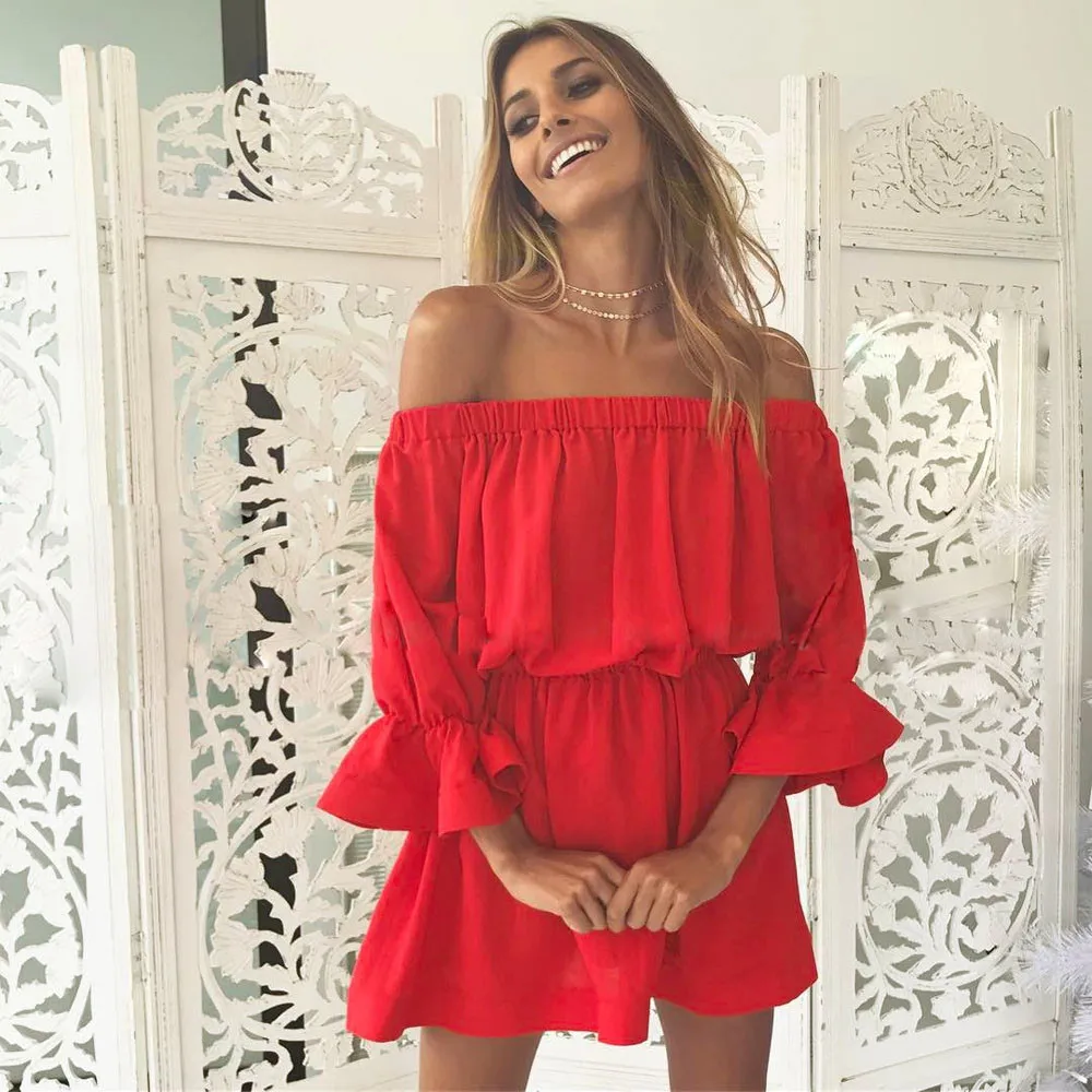 

Dress Summer Party Night Dresses Women Flare Sleeve Off Shoulder Holiday Dress Ladies Summer Boho Ruffle Dresses Vestidos#G10N