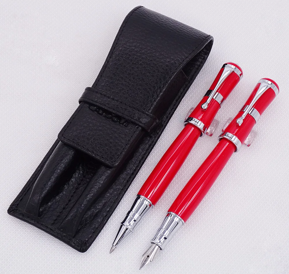 Fuliwen 2051 Red Metal Fountain Pen & Roller Pen with Real Leather Pencil Case Bag Washed Cowhide Pen Case Holder Writing Set new 3 8cm belt with high quality smooth and thickened cowhide tactical training luxury steel buckle leisure travel pants belt