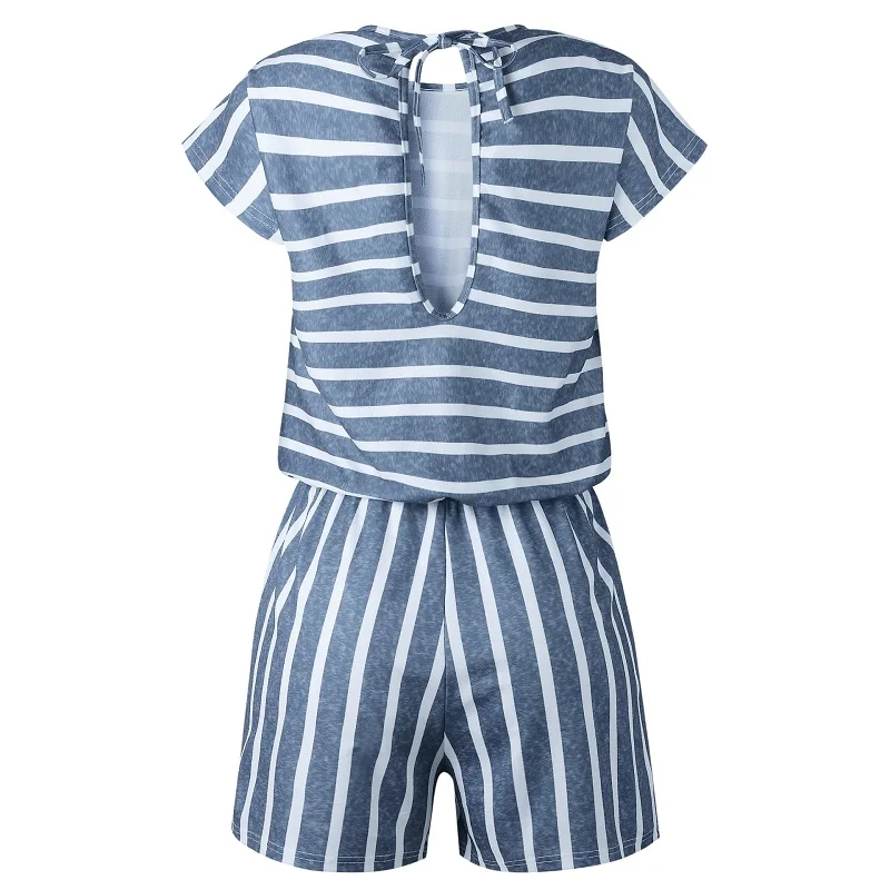 CROPKOP Short Sleeve Striped Losse Casual Summer Rompers Womens Jumpsuit Short 2018 Sexy Backless Boho Playsuits One Piece Tops