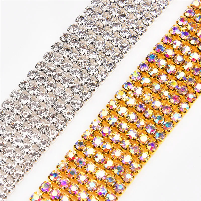 

1yard 6 Rows AB Crystal Rhinestone Cup Chain gold Base With Claw chain Dress Decoration Trim Applique Sew on Garment Bags
