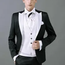 Черные атласные смокинги для жениха Белый нагрудный мужской костюм 3 шт мужские свадебные выпускные термокомплекты casamento(куртка+ брюки+ жилет