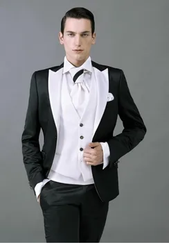 

2017 Black Satin Groom Tuxedos White Lapel Man Suit 3 Piece Mens Wedding Prom Dinner Suits terno casamento(Jacket+Pants+Vest)