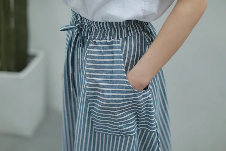 leather skirt Spring Summer Women Vertical stripes Skirts Casual Loose Cotton Linen Female With Pockets Vintage Elastic waist lacing Skirts tennis skirt outfits