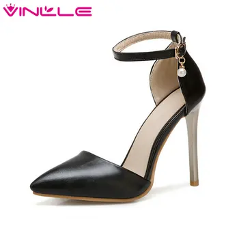 

VINLLE 2020 Women Pumps Pointed Toe Thin High Heel PU Leather Ankle Strap String Bead Elegant Ladies Wedding Shoes Size 34-43
