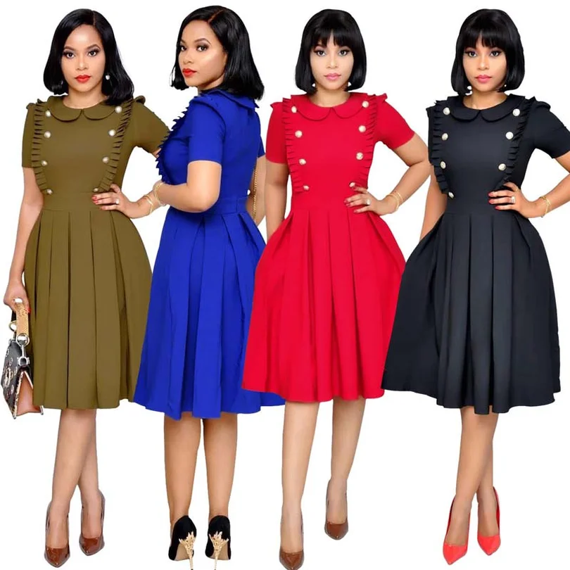 

Africa Clothing Office Lady Ruffles Cute Dress Short Sleeve High Waist O-Neck Knee Length Pleated Button Dress 4 Color