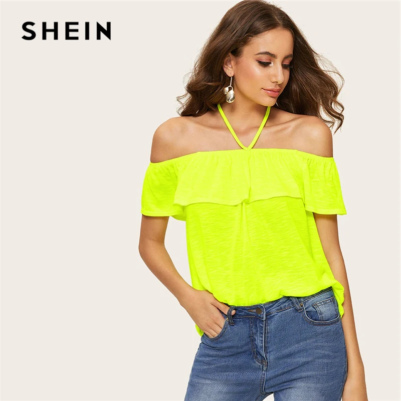 

SHEIN Halter Off Shoulder Neon Lime Flounce Top Green Neon Bright Tie Back Women 2019 Sleeveless Ruffle Summer Blouses