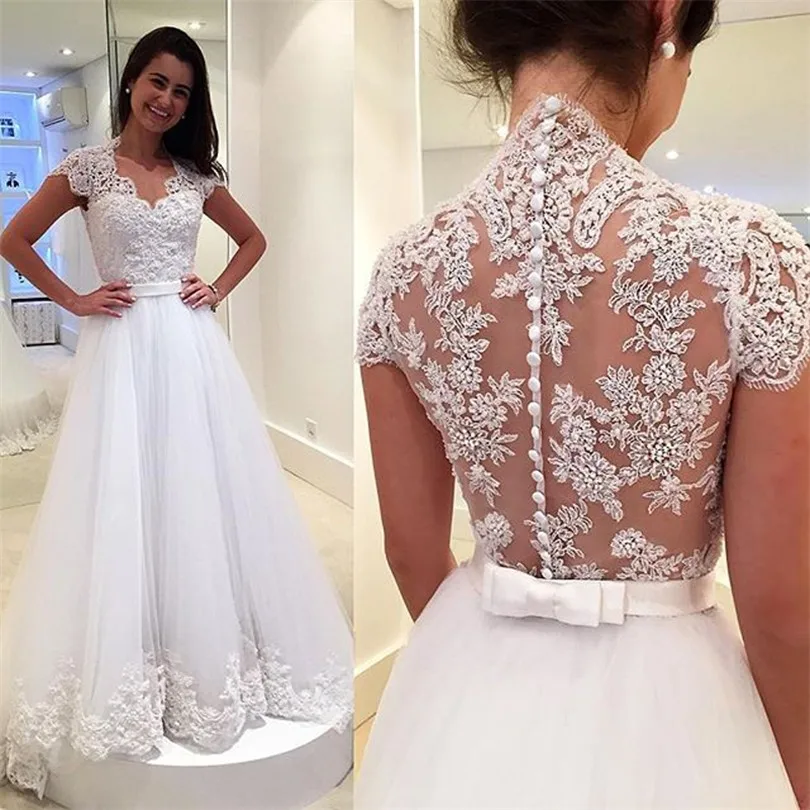 

Vestidos De Noiva V Neck Cap Sleeve White Lace Appliques Prom Gown See Through Back Wedding Party Dress Custom Made