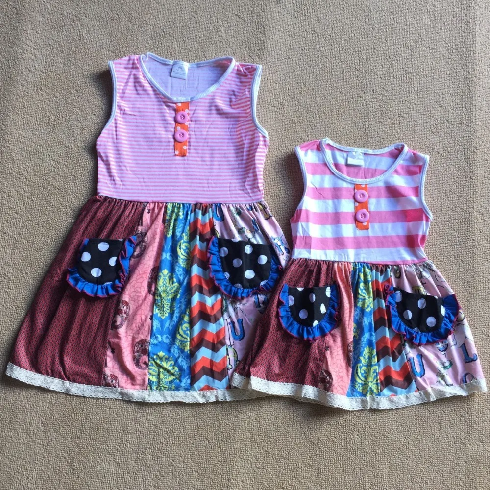 

Pink stripe dress Sister sets Stitching design The printed cotton
